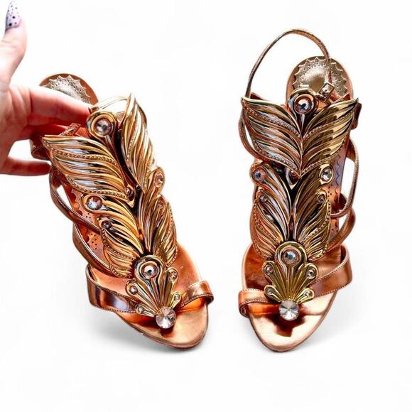 Designer Y2K Francesco Sacco Italian Leather Crystal Bronze Stiletto Sandal Sz 9